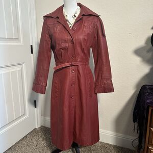 Split End Ltd. Vintage 70s Womens Burgundy Leather Trench Coat Long Size 9